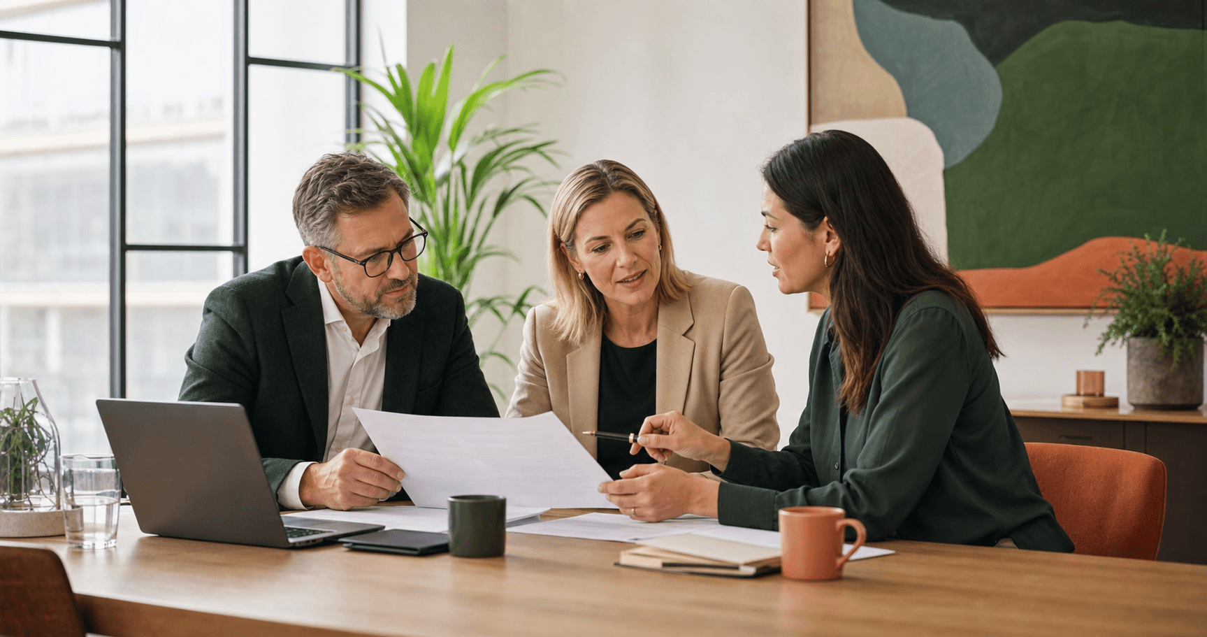 Employer and HR recruiter reviewing a hiring shortlist in a professional office setting